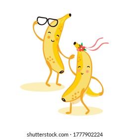Vector illustration of dancing bananas. Funny smiling bananas boy and girl. Fun food.