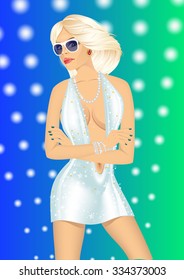 vector illustration of dancing blonder girl with sunglasses and arms folded on disco party 
