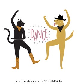 Vector illustration with dancing cat in boots and dog in cowboy hat. Dance lettering word. Funny colored typography poster with domestic animal, party flyer template, print design