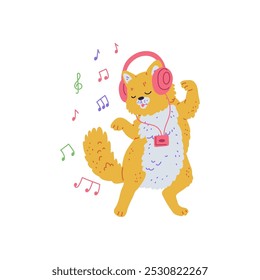 Vector illustration of a dancing cat with a yellow color in headphones with a player on a white background. Perfect for decorating a party or a children's drawing.