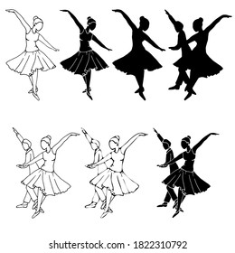 ilustración vectorial, pareja de baile, bailarina, silueta en negro, aíslar sobre fondo blanco