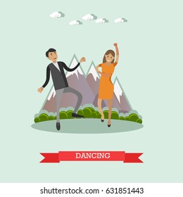 Vector illustration of dancing couple. Outdoors wedding party guests flat style design element.