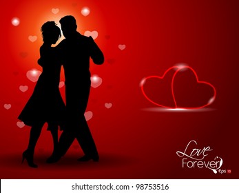 Vector illustration of dancing couple silhouette, on red background having hearts. EPS 10.