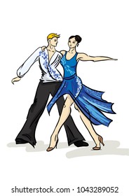 Vector illustration of a dancing couple, a woman in a blue dress and a man.