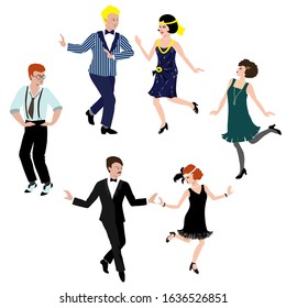 Vector Illustration of dancing couples in the style of the 1920s in dance pose.Beautiful ladies, handsome gentlemen on a white background. Set for posters, invitations to retro parties, bachelor party