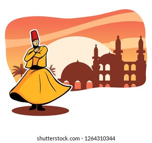 Vector illustration of dancing darvish at sunset. Spiritual dance.