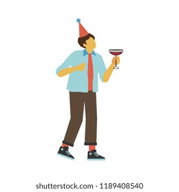 Vector illustration of dancing and drinking alcohol cocktail man in conical party hat. Flat young caucasian male character with no face in casual clothes having fun isolated on white background.