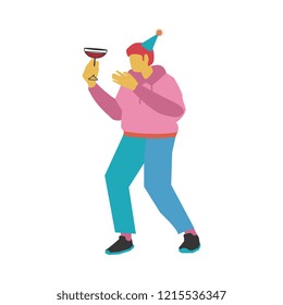 Vector illustration of dancing and drinking alcohol cocktail man in party hat - flat young caucasian male character with no face in casual clothes having fun isolated on white background.