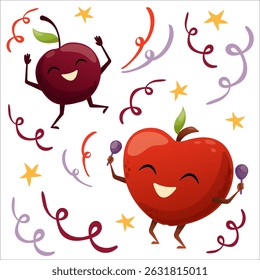 Vector illustration of dancing fruits. Fruits at party