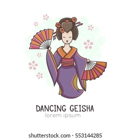 Vector illustration of Dancing Geisha with fan .  All objects are conveniently grouped and easily editable
