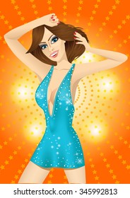 vector illustration of dancing girl in blue dress in the night club raising her arms