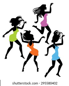 Vector illustration of dancing girl in bright dresses silhouettes