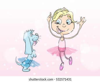 Vector Illustration With Dancing Girl And Dog. Sports  Activity as Heelwork To Music, Freestyle,  Training, Obedience.
