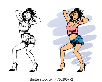 Vector illustration of dancing girl with headphones