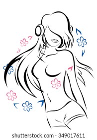 Vector illustration of dancing girl with long hair in earphones 