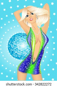 vector illustration of dancing girl in the night club raising her arms