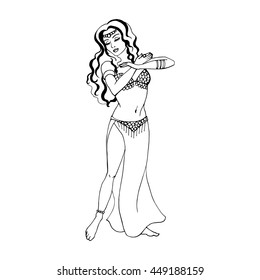 Vector illustration of a dancing girl on an isolated white background. Doodle woman. Front view. Belly dance and bollywood dancing. Drawing by hand.