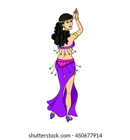 Vector illustration of a dancing girl on an isolated white background. View from the back. Belly dance and bollywood dancing.