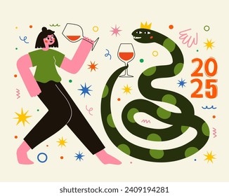 Vector illustration with dancing girl and snake drinking wine. New Year 2025 green tree snake funny greeting card template. Isolated on white background home decoration poster