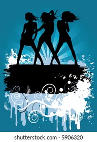 Vector illustration with dancing girls, eroded retro background, just ad your own text