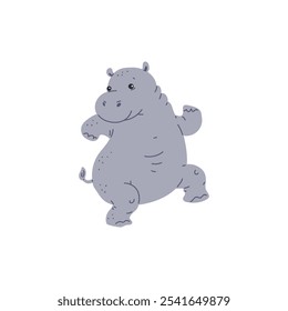 Vector illustration of a dancing gray hippopotamus on an isolated background. Cute character in motion in flat cartoon style. Dancing animal. Suitable for children's design.