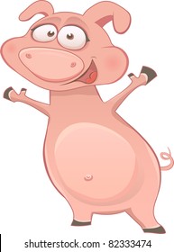 Vector illustration of dancing happy cute pig. Isolated and grouped objects