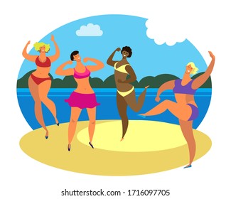 Vector illustration of dancing ladies in swimsuits. Design element for concept of summer party and other use.