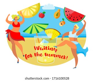 Vector illustration of dancing ladies in swimsuits. Design element for concept of summer party and other use.