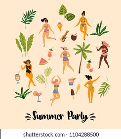 Vector illustration of dancing ladyes in swimsuits and tropical palm leaves. Design element for summer party concept and other use.