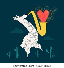 Vector illustration with dancing llama playing saxophone in desert with cactuses. Trendy music print design with animal