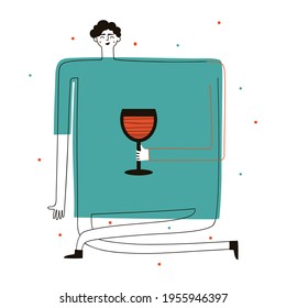 Vector Illustration With Dancing Man Holding Glass Of Red Wine. Funny Party Print Design 