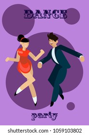 Vector illustration of dancing men and woman in cartoon flat style. Dance party concept with girl and boy couple