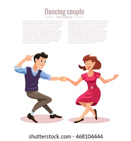 Vector illustration of dancing men and woman in cartoon flat style. Dance party concept with girl and boy. Illustration of dancing couple of happy young people isolated