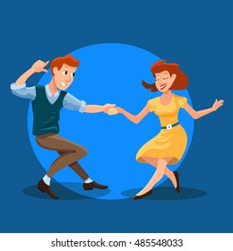 Vector illustration of dancing men and woman in cartoon flat style. Dance party concept with girl and boy. Illustration of dancing couple of happy young people isolated