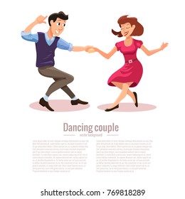Vector illustration of dancing men and woman in cartoon flat style. Dance party concept with girl and boy couple of happy young people isolated