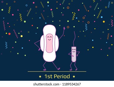 Vector illustration of dancing menstrual pad and tampon. First woman menstruation period party time. Menstruation period and feminine hygiene products. Celebrating daughters menses days. Party idea