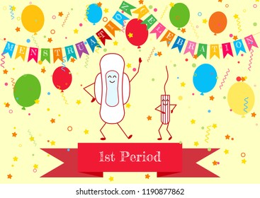 Vector Illustration Of Dancing Menstrual Pad And Tampon. Menstruation Period And Feminine Hygiene Products. First Girl Menstruation Party Time. Celebrating Daughters Menses Days. Carnival Background