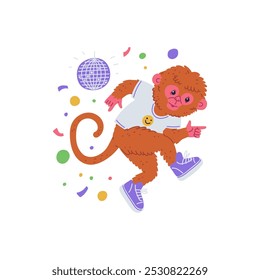 Vector illustration of a dancing monkey in bright clothes, sneakers, with confetti and a disco ball. Perfect for party decoration or children's drawing.