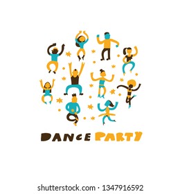 Vector illustration of dancing people in circle. Dance party