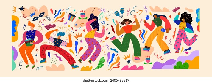 Vector illustration with dancing people. Design for Brazil Carnival. Beautiful holiday vector illustration with dancing people. 
