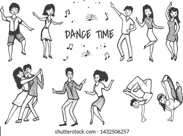 Vector illustration of dancing people men and women set. Disco, club dancing, classic tango couple, swing, blues, breakdance. Vintage hand drawn style.