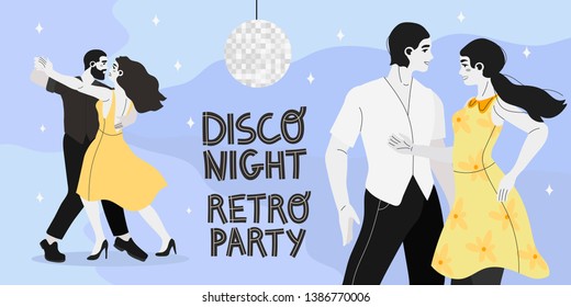 Vector illustration of a dancing people at a retro dance club. Young couple practicing at a dance studio or ballroom dance classes. Creative banner, poster, flyer or blog post. Disco night party.