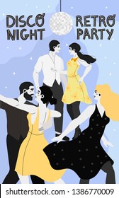 Vector illustration of a dancing people at a retro dance club. Creative banner, poster, flyer, invitation template or blog post to a disco night party.