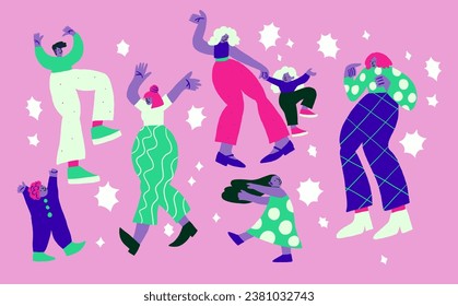 Vector illustration with dancing people with stars on violet background. Dancing people doodles. Happy family, party people