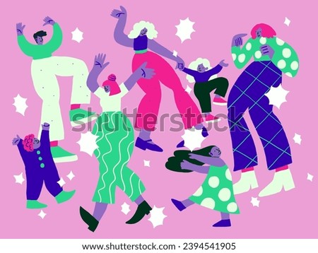 Vector illustration with dancing people with stars on violet background. Dancing people doodles. Happy family, party people
