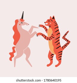 Vector illustration with dancing pink unicorn and striped tiger. Funny print design with animals, home decoration poster, greeting card template