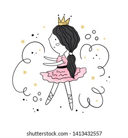 Vector illustration with dancing Princess. Gold and watercolor textures