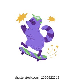 Ilustração vetorial de um guaxinim roxo dançante em um skate. Personagem bonito em movimento em um fundo isolado. Animais dançando. Estilo de desenho animado plano. Ideal para design infantil.