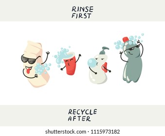 Vector illustration of dancing recycable trash, rinsing befor recycling - funny instruction for kids about environment and ecology issues 