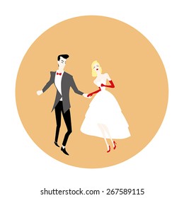 vector illustration of dancing rock 'n' roll couples in retro styles on a beige background